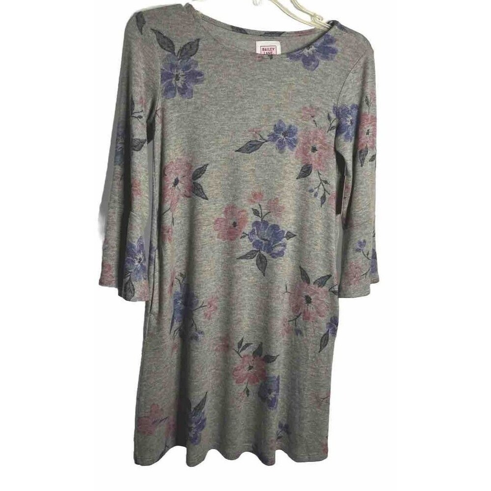 Bailey Lane Juniors Shift Gray Floral A-line Tunic Dress Size L Boho Feminine